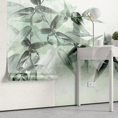 Tapet personalizat leaf cu frunze de bambus in nuante de verde menta pe fundal alb mint bamboo