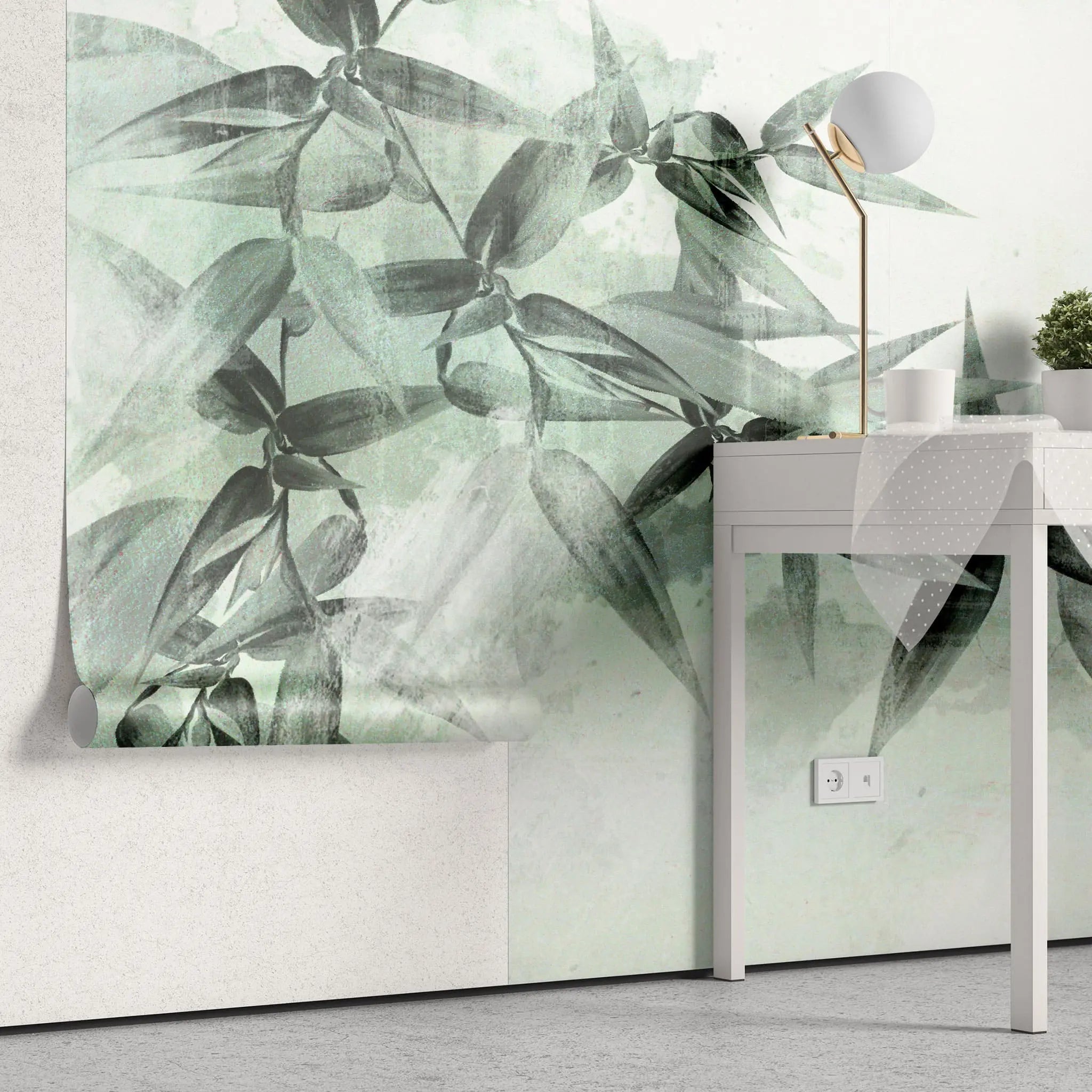 Tapet personalizat leaf cu frunze de bambus in nuante de verde menta pe fundal alb mint bamboo