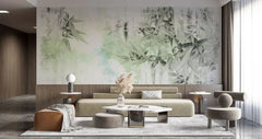 Tapet personalizat leaf cu frunze de bambus in nuante de verde deschis pe fundal alb green bamboo