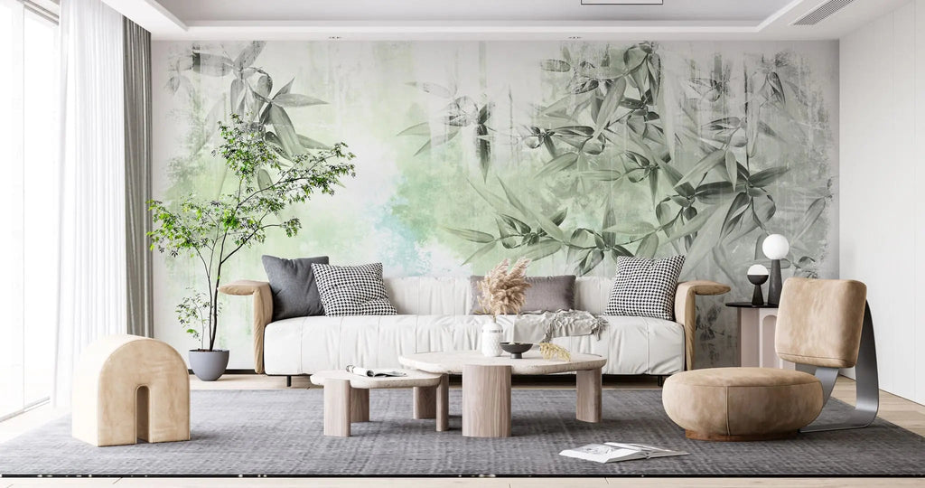 Tapet personalizat leaf cu frunze de bambus in nuante de verde deschis pe fundal alb green bamboo