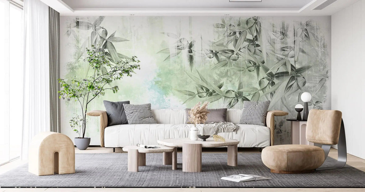 Tapet personalizat leaf cu frunze de bambus in nuante de verde deschis pe fundal alb green bamboo
