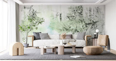 Tapet personalizat leaf cu frunze de bambus in nuante de verde deschis pe fundal alb green bamboo