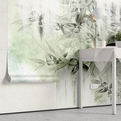 Tapet personalizat leaf cu frunze de bambus in nuante de verde deschis pe fundal alb green bamboo