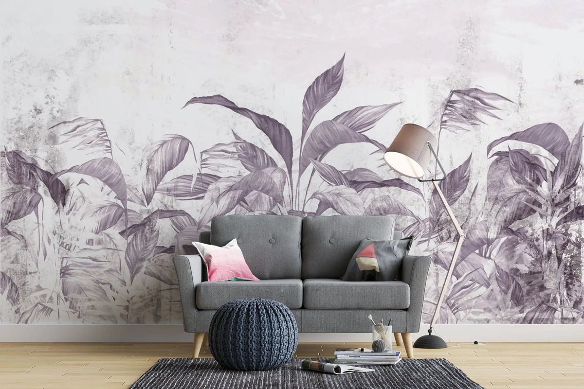 Tapet personalizat leaf cu frunze tropicale in nuante mov lila pe un fundal deschis purpple leaves