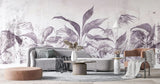 Tapet personalizat leaf cu frunze tropicale in nuante mov lila pe un fundal deschis purpple leaves
