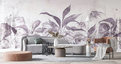 Tapet personalizat leaf cu frunze tropicale in nuante mov lila pe un fundal deschis purpple leaves