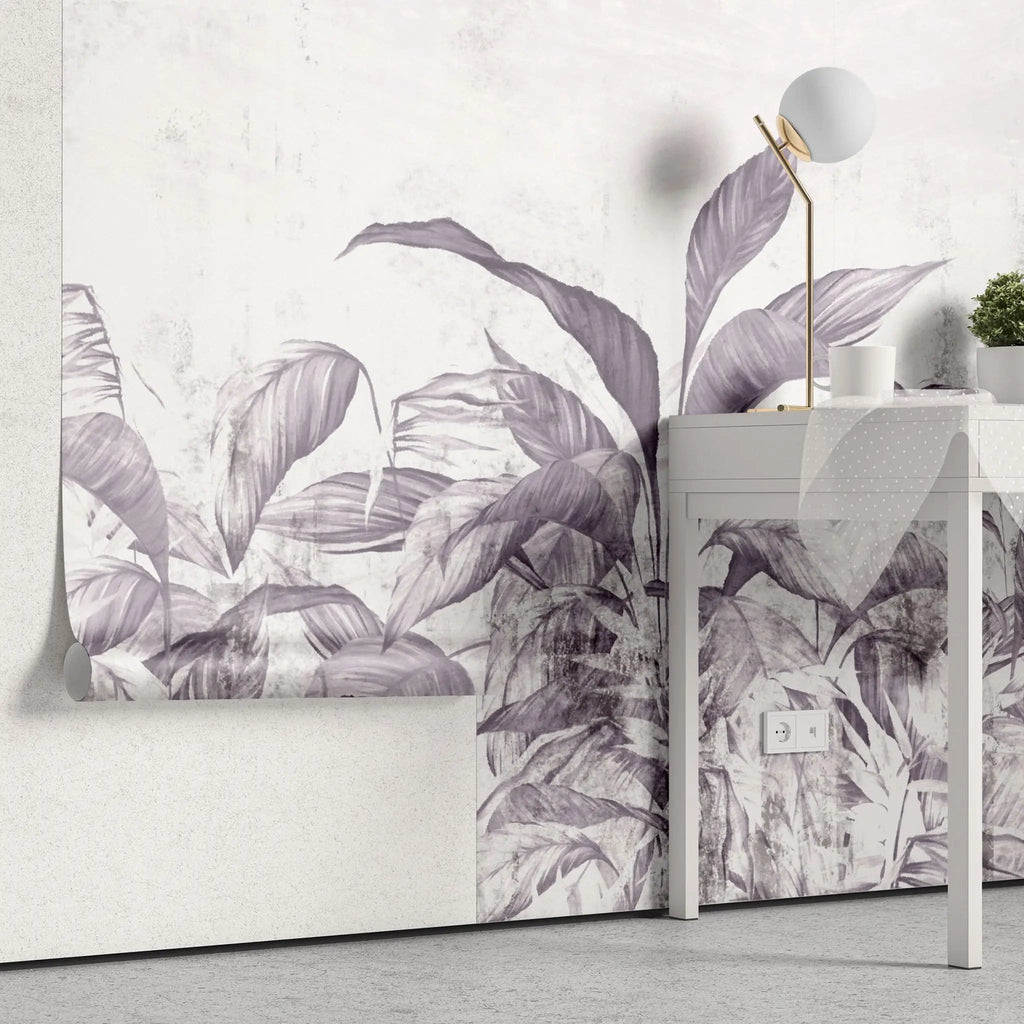 Tapet personalizat leaf cu frunze tropicale in nuante mov lila pe un fundal deschis purpple leaves