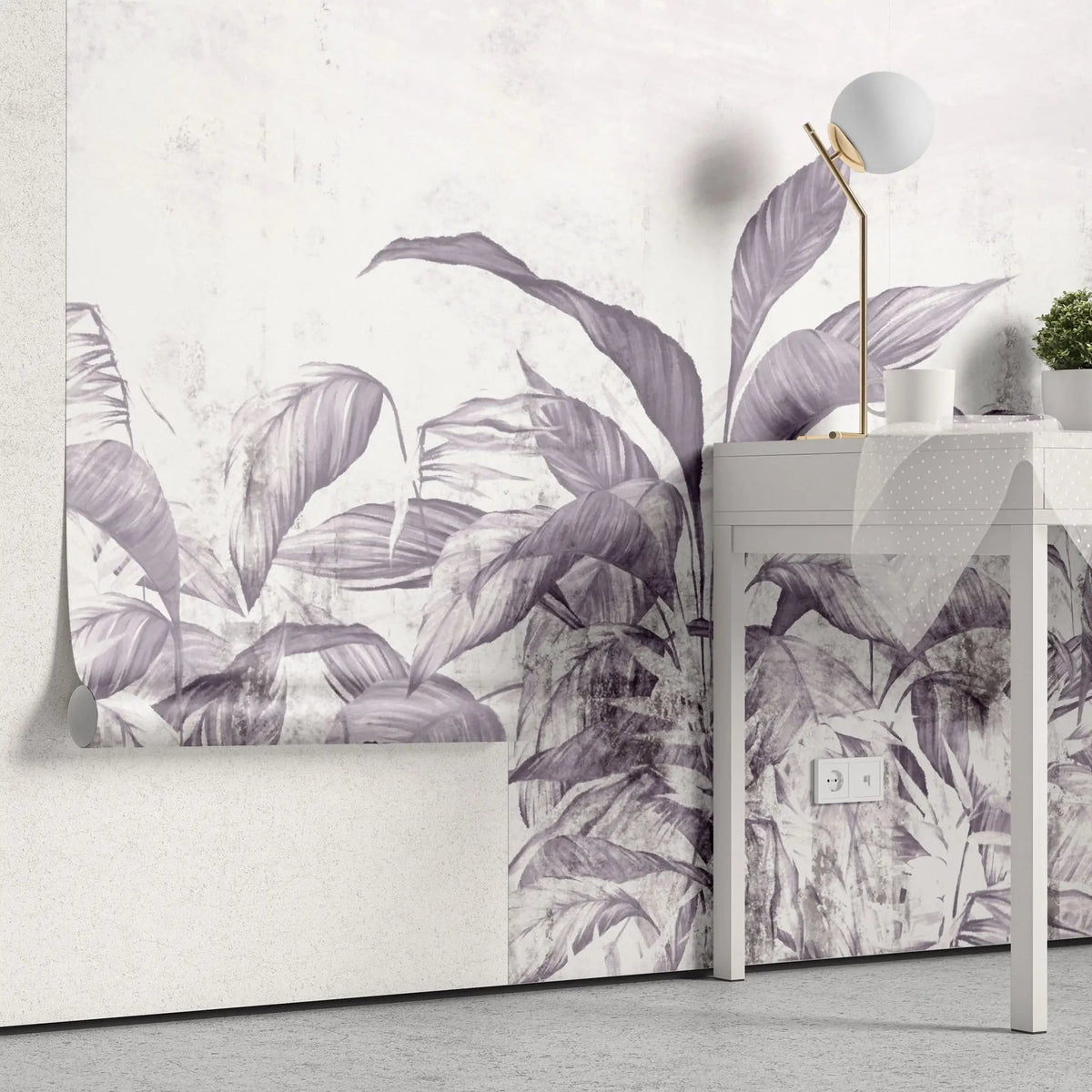 Tapet personalizat leaf cu frunze tropicale in nuante mov lila pe un fundal deschis purpple leaves