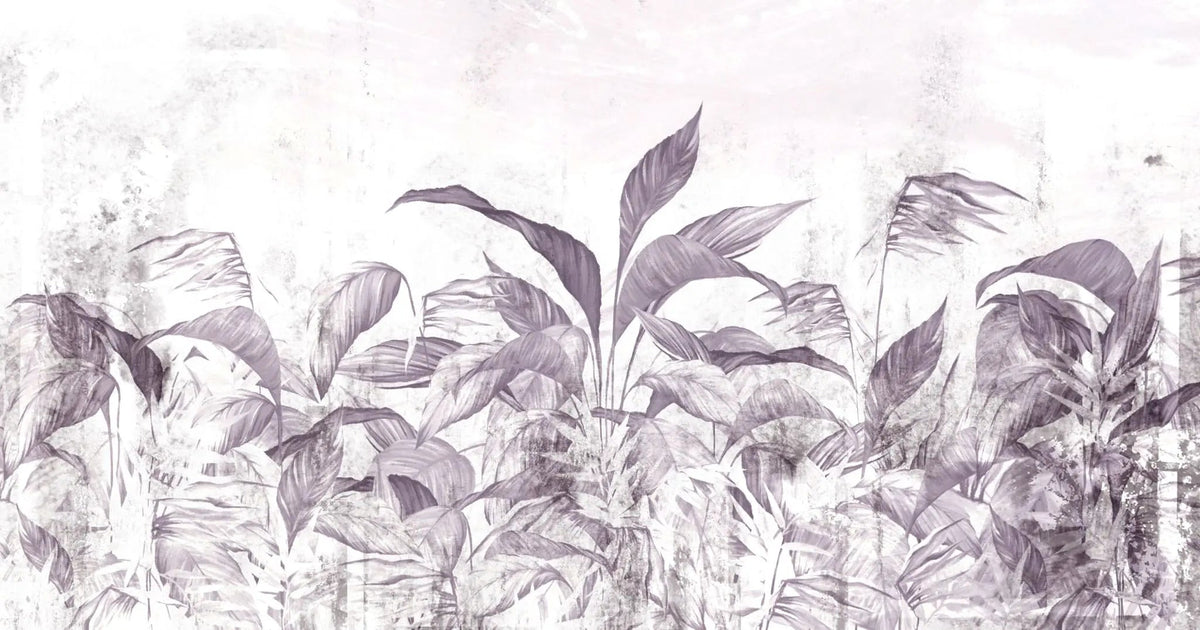 Tapet personalizat leaf cu frunze tropicale in nuante mov lila pe un fundal deschis purpple leaves