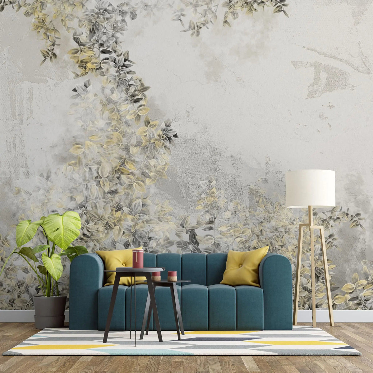 Tapet personalizat leaf cu frunze de pothos n'joy in contrast galben gri n'joy heaven