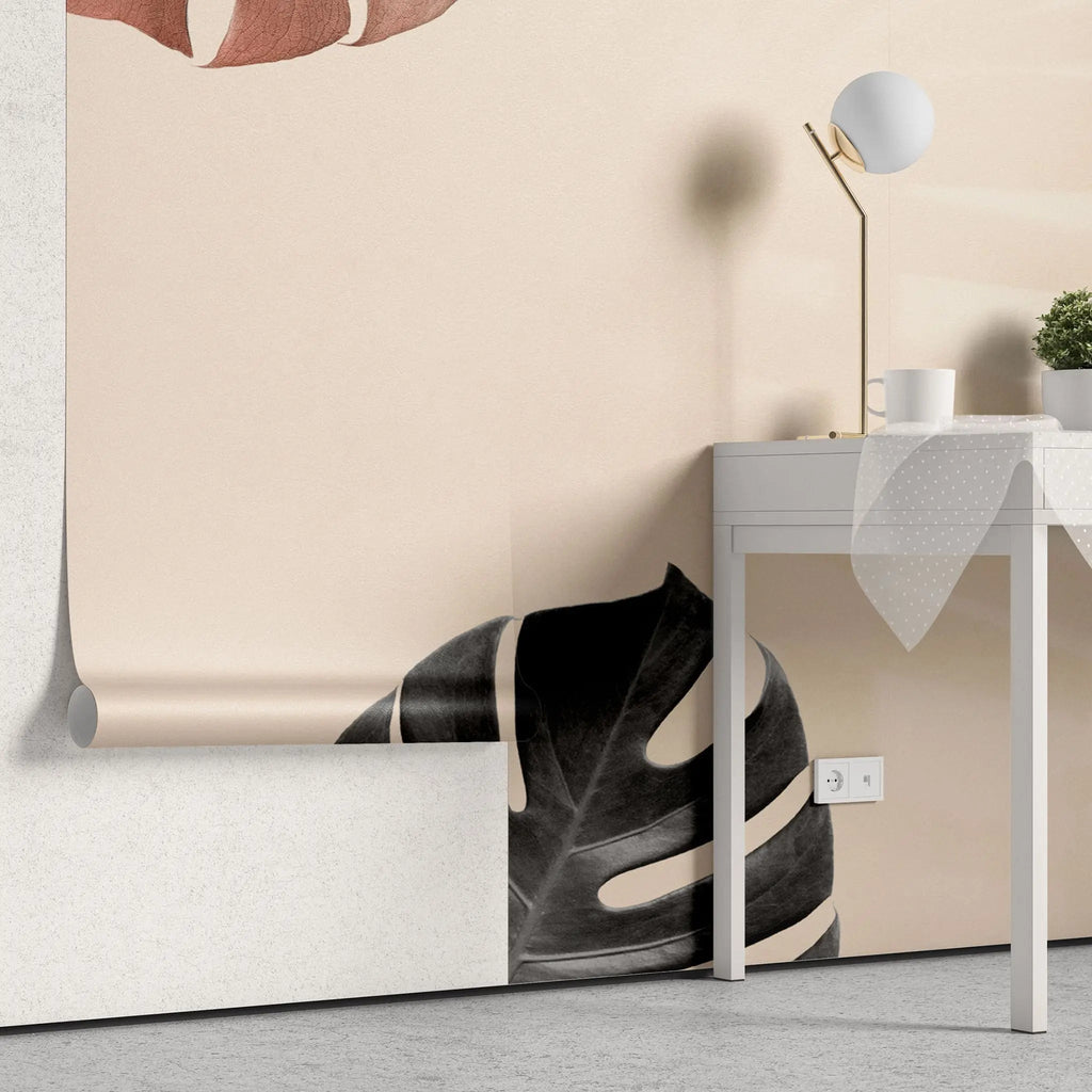 Tapet personalizat leaf cu funze de monstera rosii si negre umbre in stil boho boho monstera leaves