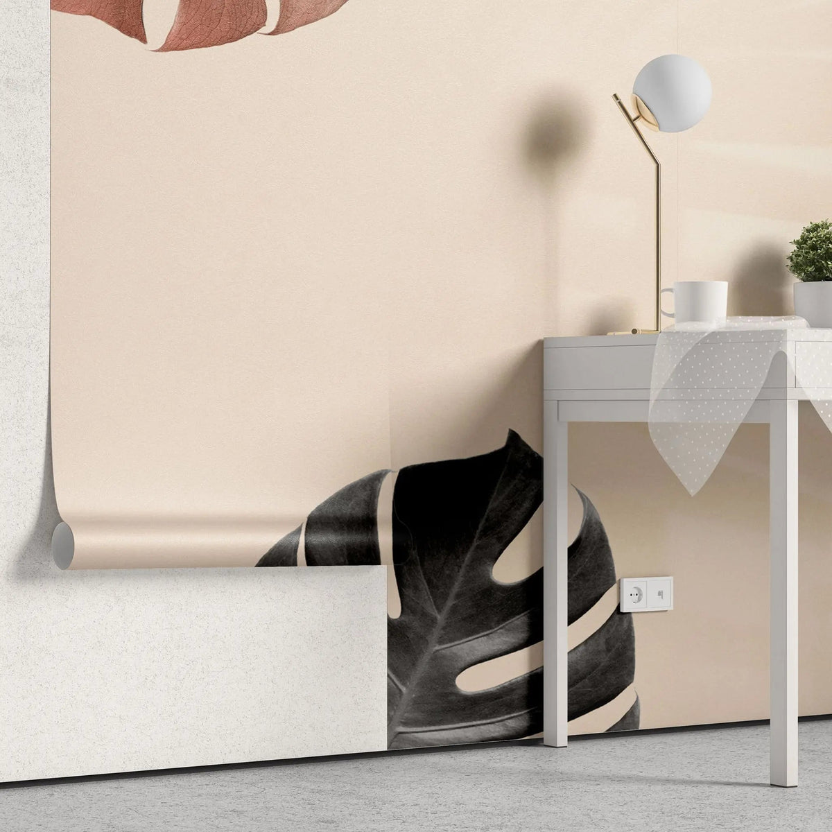 Tapet personalizat leaf cu funze de monstera rosii si negre umbre in stil boho boho monstera leaves