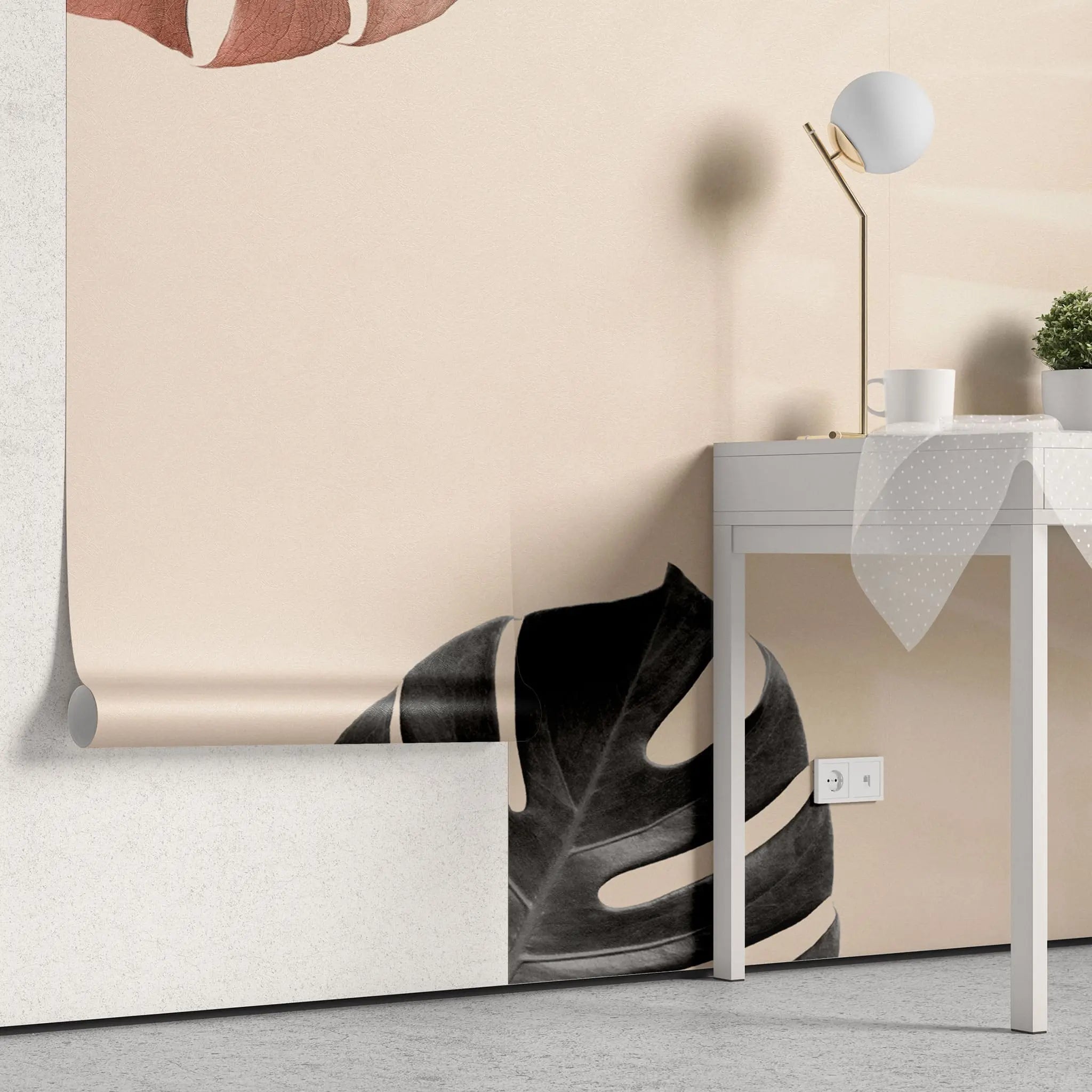 Tapet personalizat leaf cu funze de monstera rosii si negre umbre in stil boho boho monstera leaves