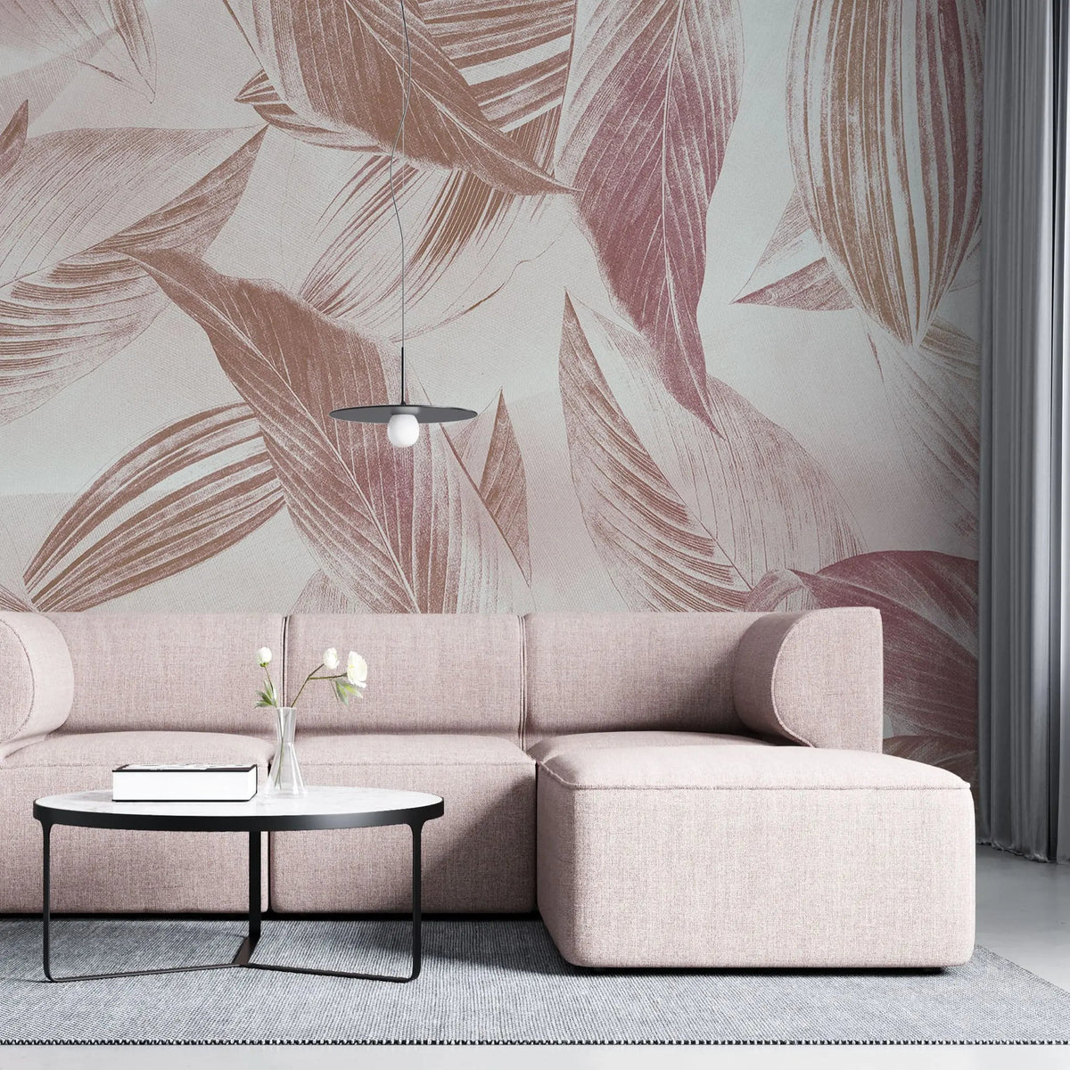 Tapet personalizat leaf cu frunze tropicale roz pe fundal deschis pink tropicalia