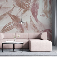 Tapet personalizat leaf cu frunze tropicale roz pe fundal deschis pink tropicalia