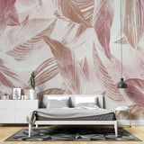 Tapet personalizat leaf cu frunze tropicale roz pe fundal deschis pink tropicalia