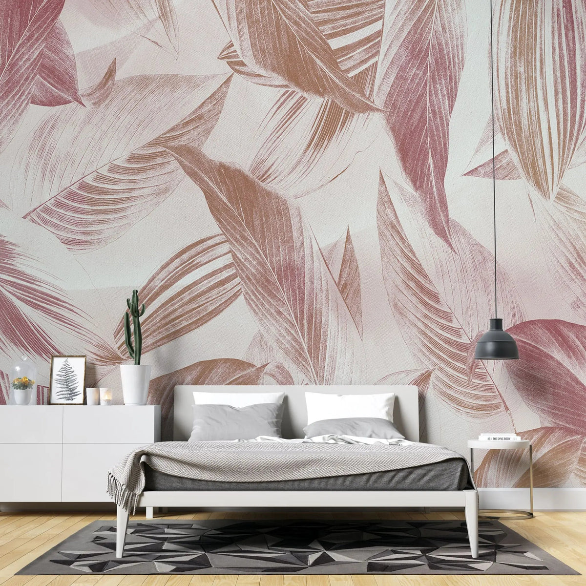 Tapet personalizat leaf cu frunze tropicale roz pe fundal deschis pink tropicalia