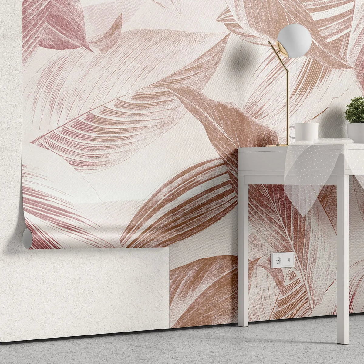 Tapet personalizat leaf cu frunze tropicale roz pe fundal deschis pink tropicalia