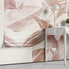Tapet personalizat leaf cu frunze tropicale roz pe fundal deschis pink tropicalia