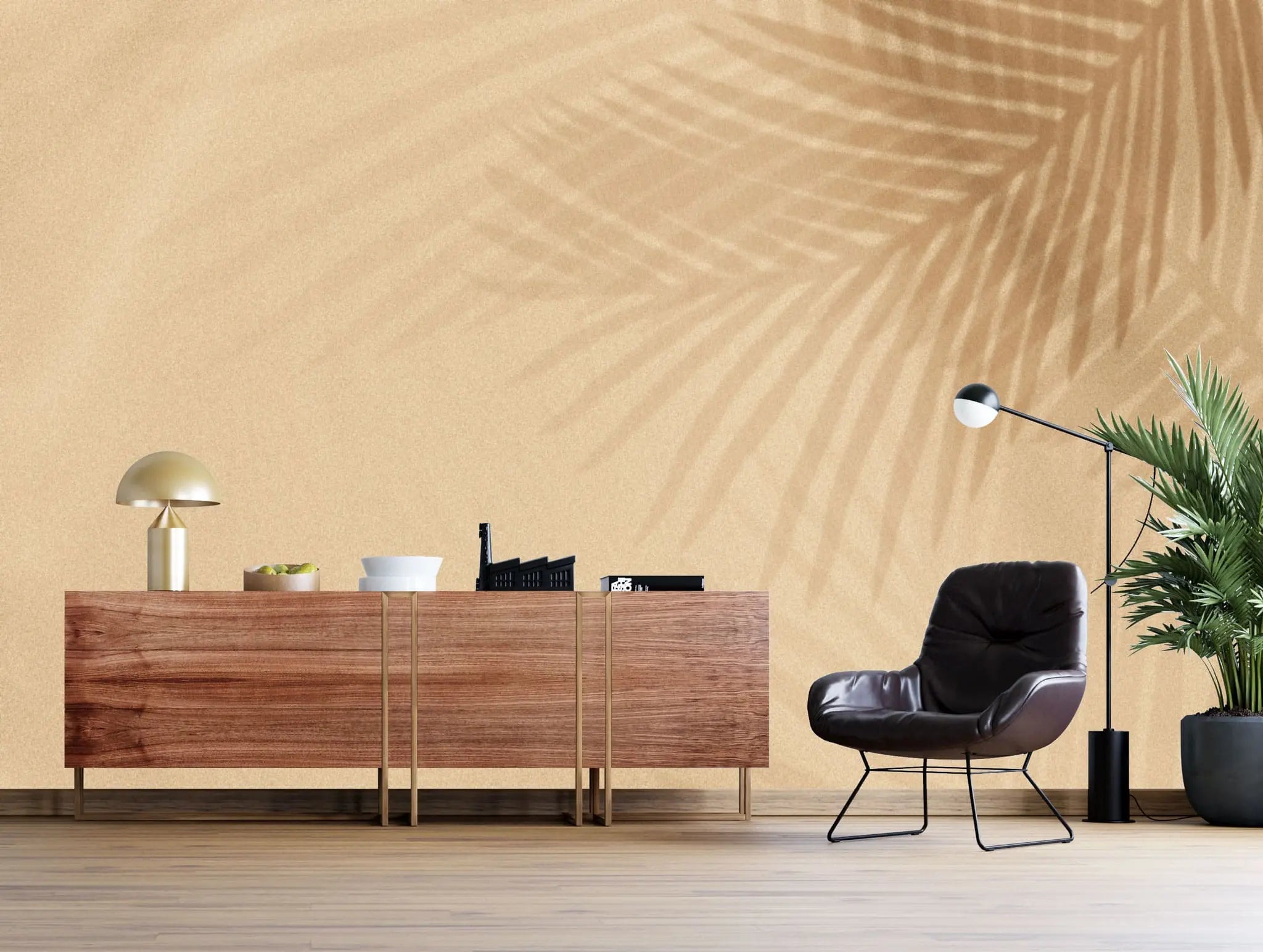 Tapet personalizat leaf cu umbre de frunze de palmier in tonuri calde warm palm shades