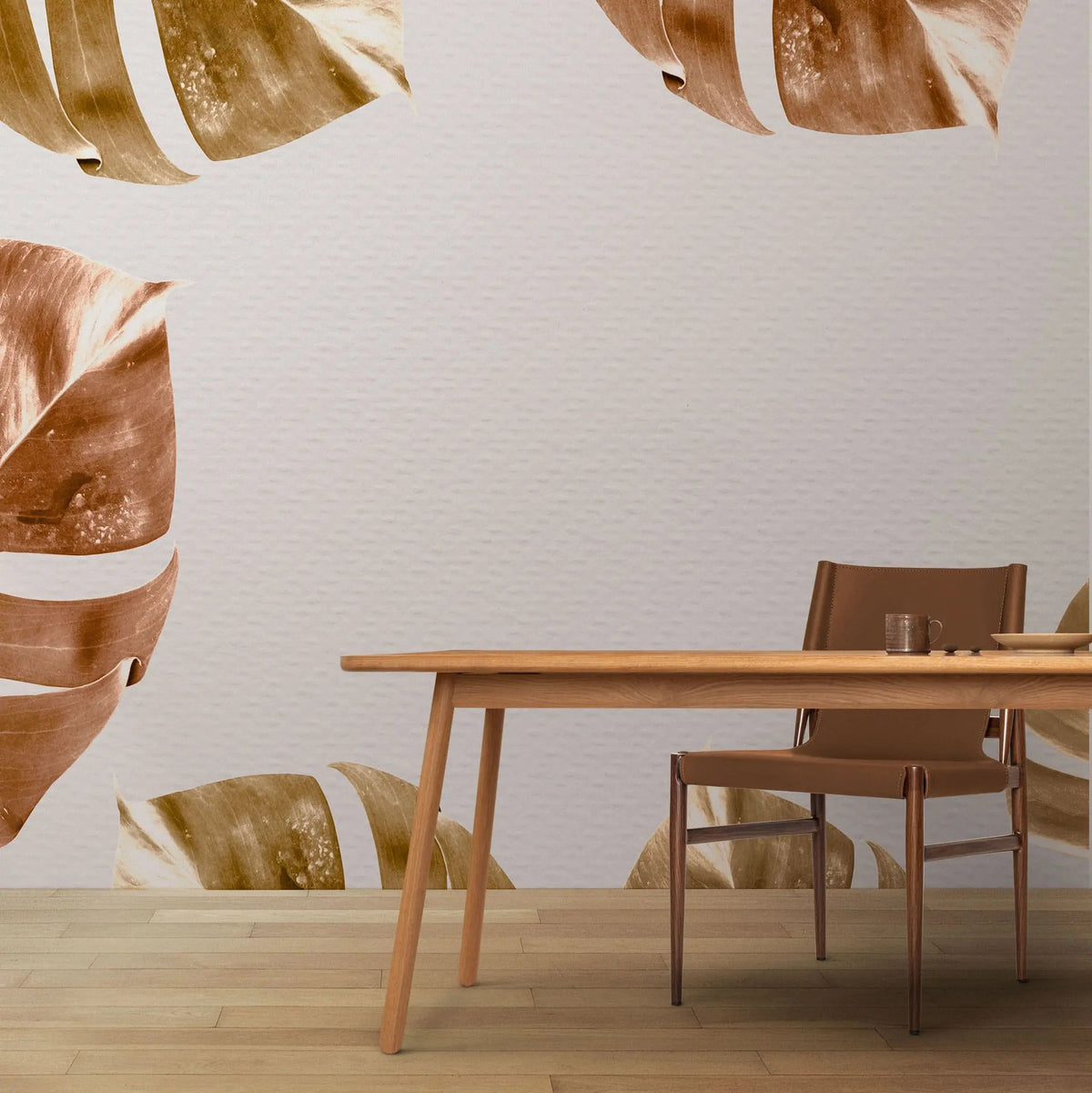 Tapet personalizat leaf cu frunze de monstera in tonuri ruginii rusty monstera textured