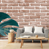 Tapet personalizat leaf cu frunze de monstera pe perete de caramida rosie tropical bricks