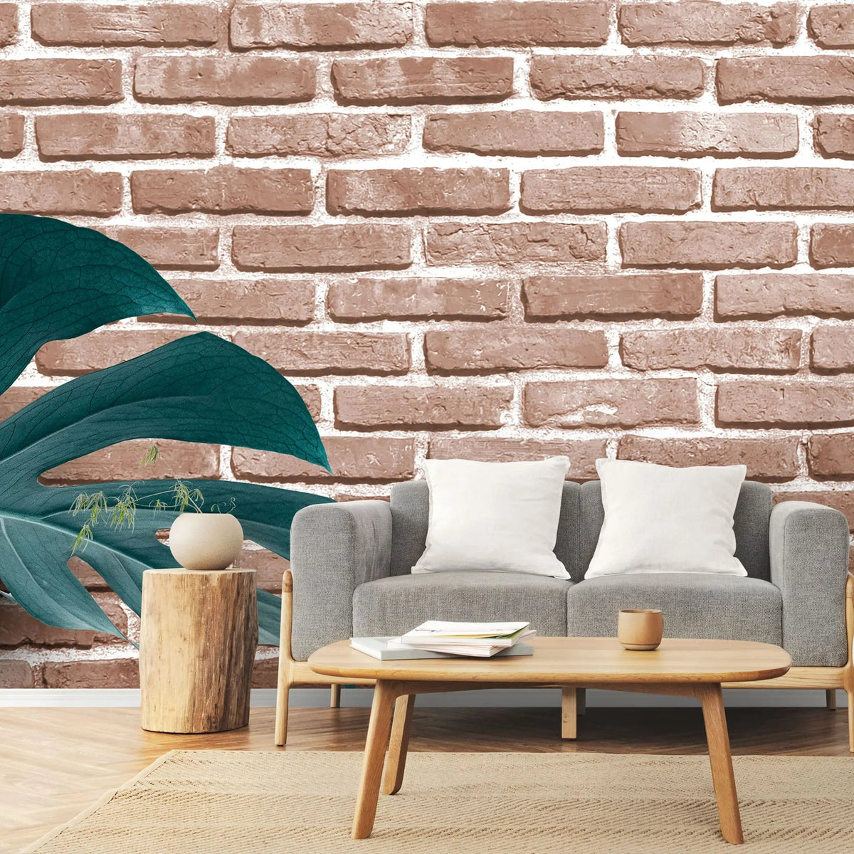 Tapet personalizat leaf cu frunze de monstera pe perete de caramida rosie tropical bricks