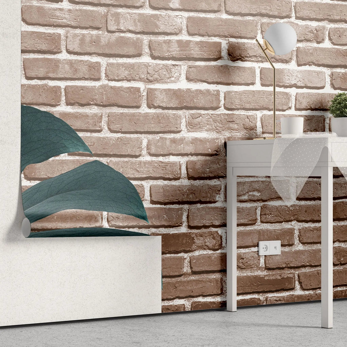 Tapet personalizat leaf cu frunze de monstera pe perete de caramida rosie tropical bricks