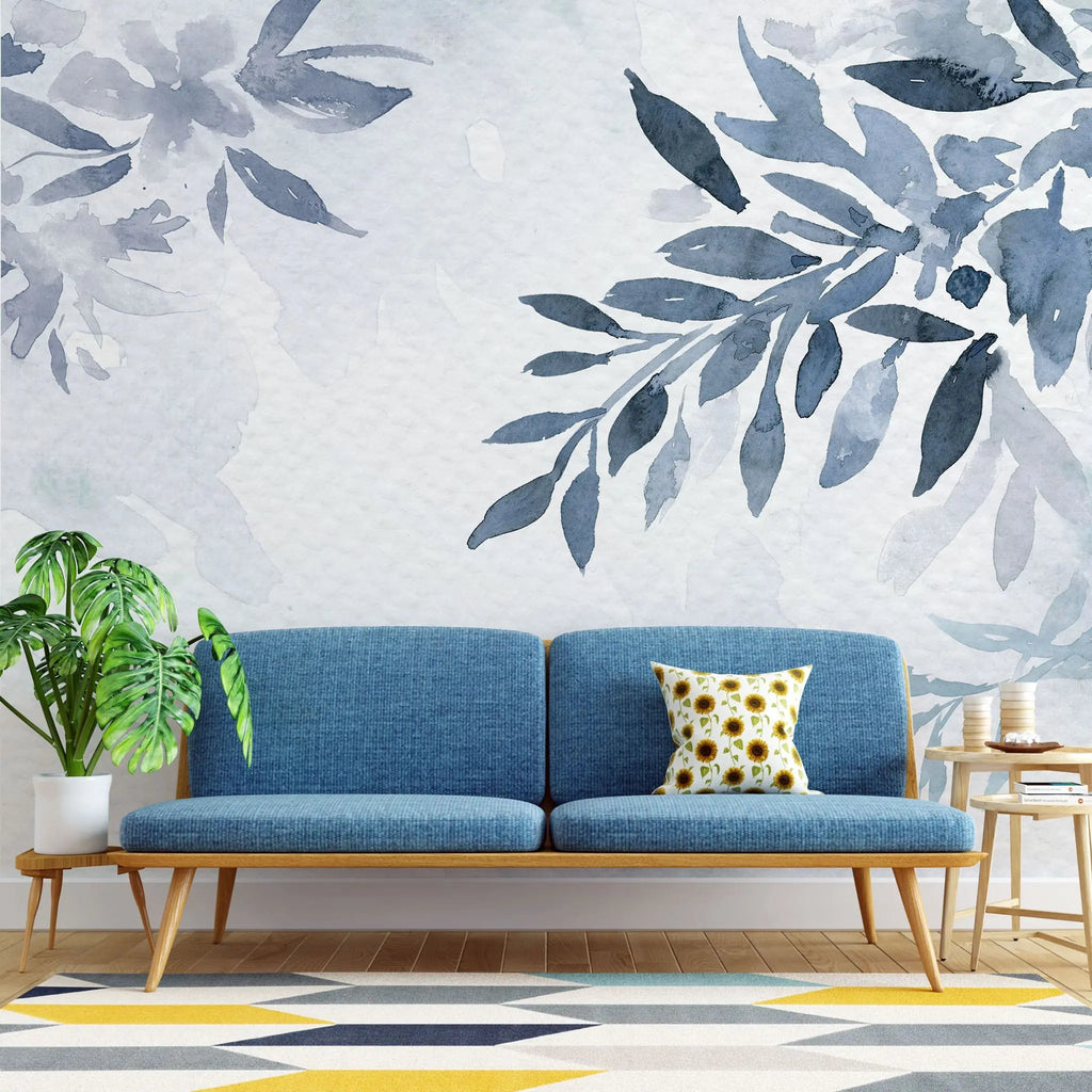 Tapet personalizat leaf cu frunze albastre pictate in stil watercolor pe un fundal alb texturat navy leaves