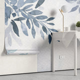 Tapet personalizat leaf cu frunze albastre pictate in stil watercolor pe un fundal alb texturat navy leaves