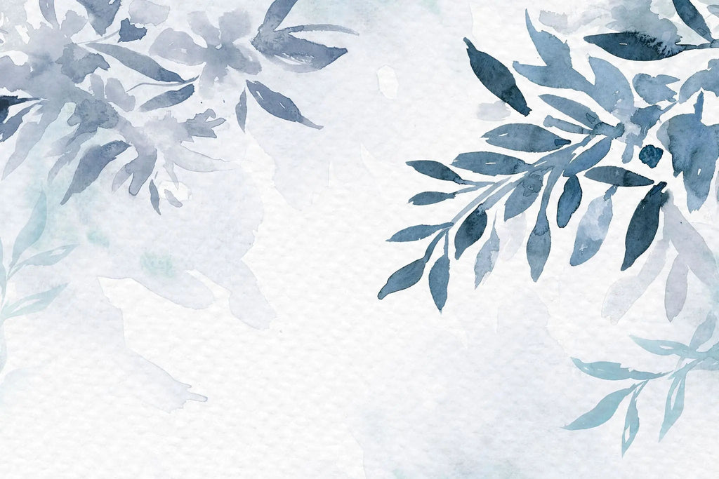 Tapet personalizat leaf cu frunze albastre pictate in stil watercolor pe un fundal alb texturat navy leaves