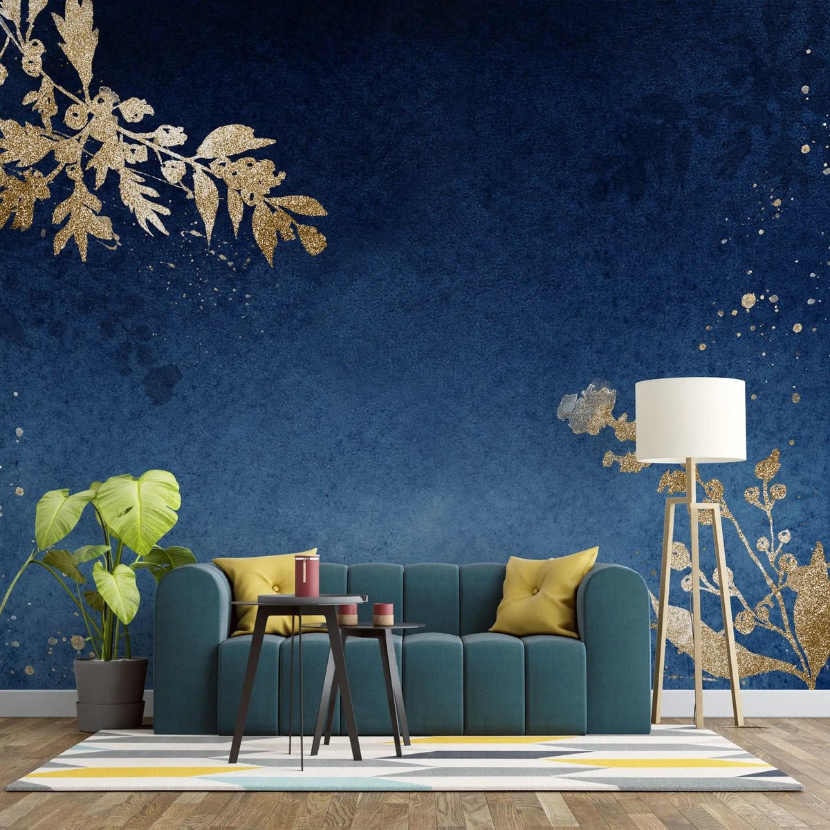 Tapet personalizat leaf cu funze aurii sclipitoare pe un fundal albastru inchis night sky glitter