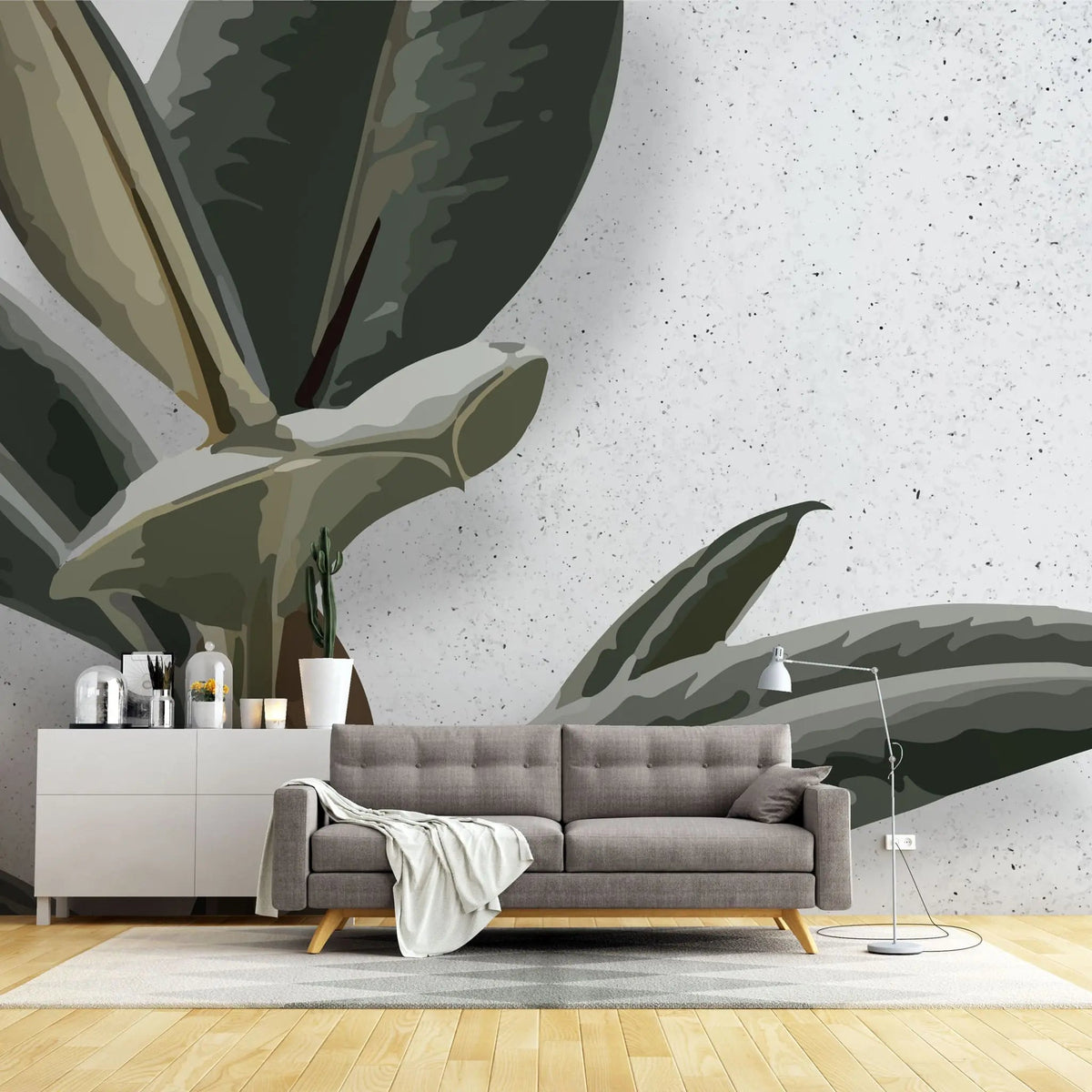 Tapet personalizat leaf cu frunze de ficus elastica in stil digital artwork pe fundal granulat alb ficus elastica
