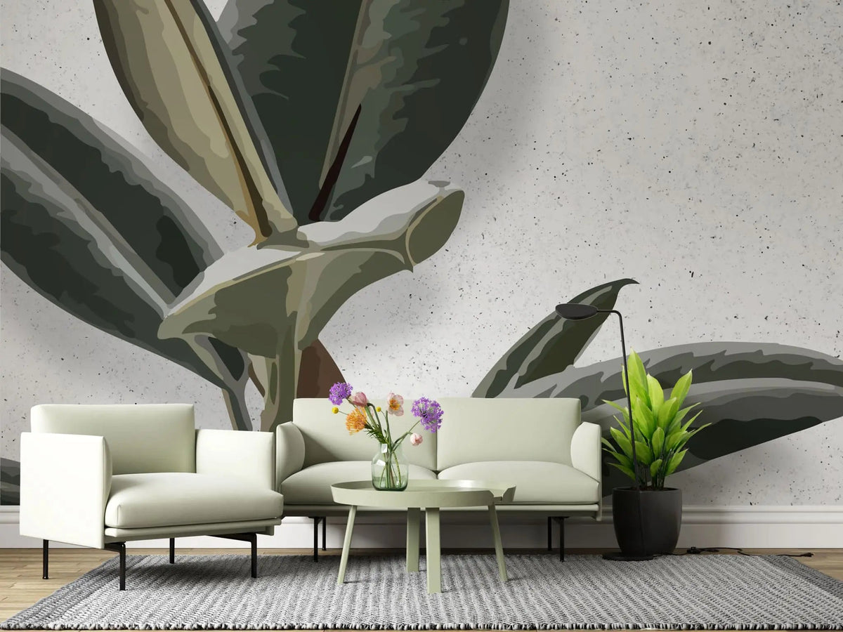 Tapet personalizat leaf cu frunze de ficus elastica in stil digital artwork pe fundal granulat alb ficus elastica