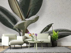 Tapet personalizat leaf cu frunze de ficus elastica in stil digital artwork pe fundal granulat alb ficus elastica