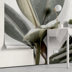 Tapet personalizat leaf cu frunze de ficus elastica in stil digital artwork pe fundal granulat alb ficus elastica