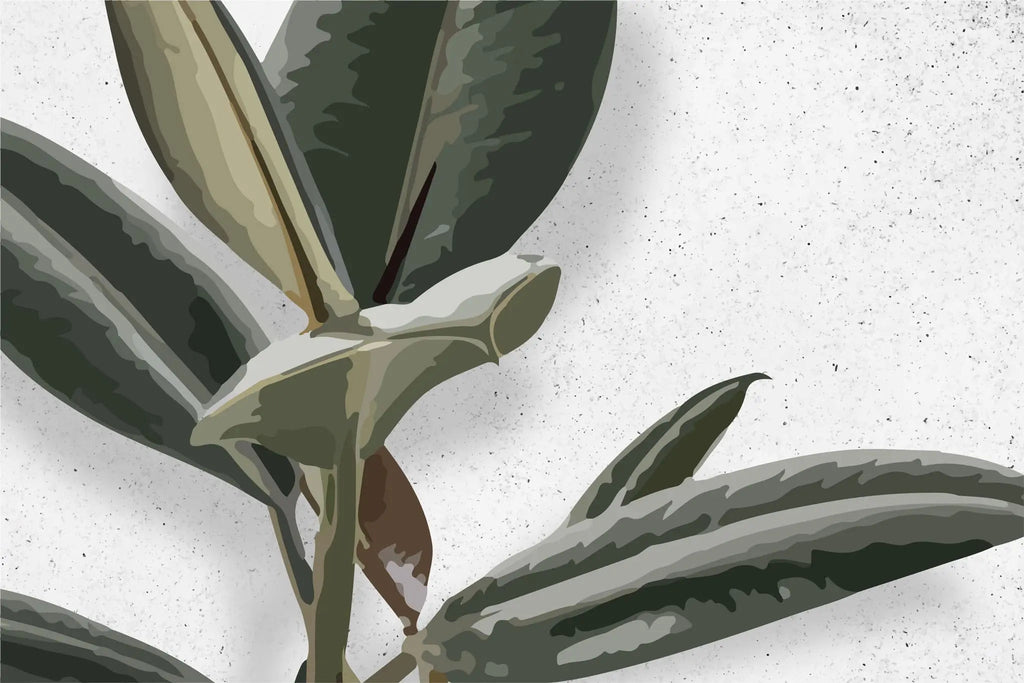 Tapet personalizat leaf cu frunze de ficus elastica in stil digital artwork pe fundal granulat alb ficus elastica