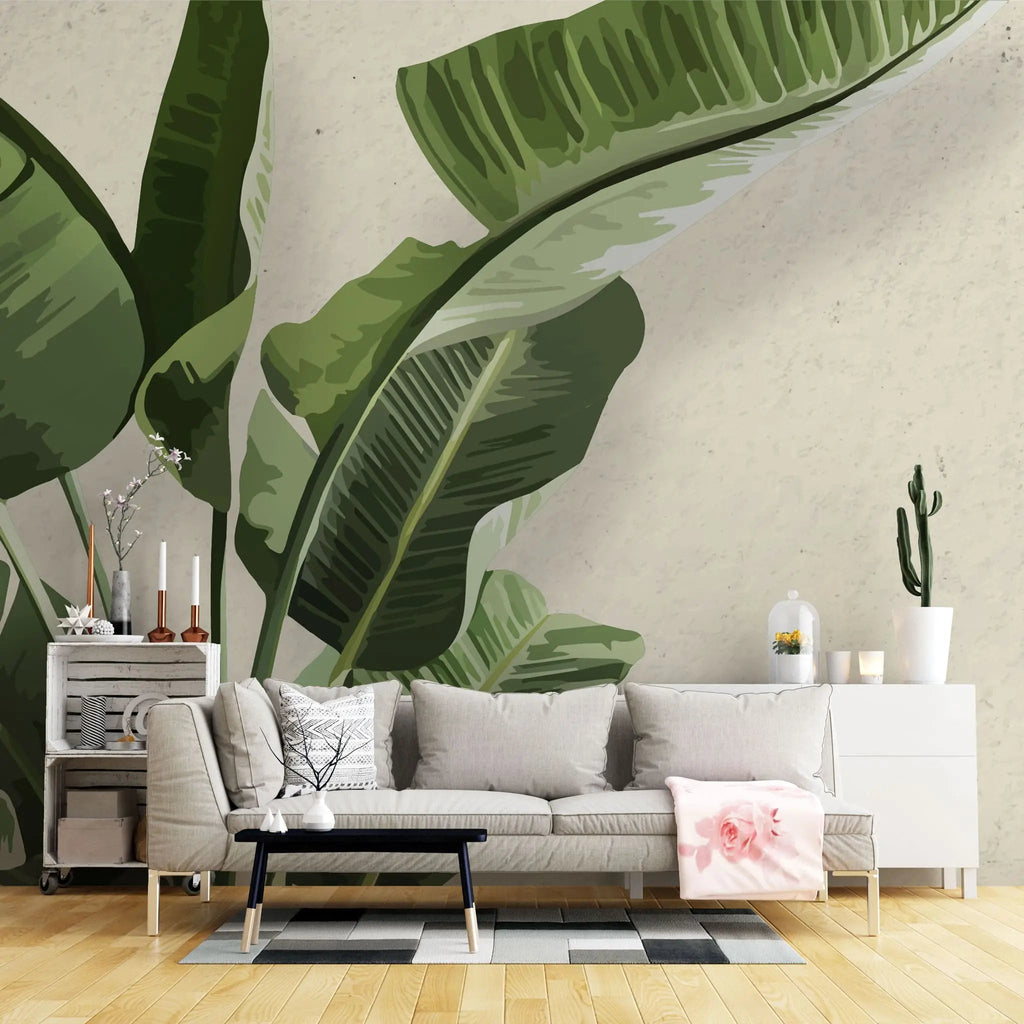 Tapet personalizat leaf cu frunze de bananier in stil digital artwork pe fundal granulat bej painted banana leaves