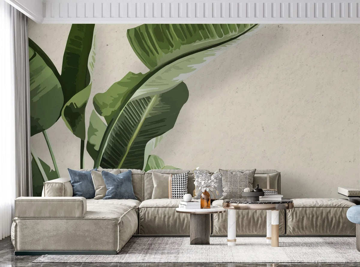 Tapet personalizat leaf cu frunze de bananier in stil digital artwork pe fundal granulat bej painted banana leaves