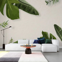 Tapet personalizat leaf cu frunze tropicale verzi in stil digital artwork pe fundal granulat bej painted tropical leaves