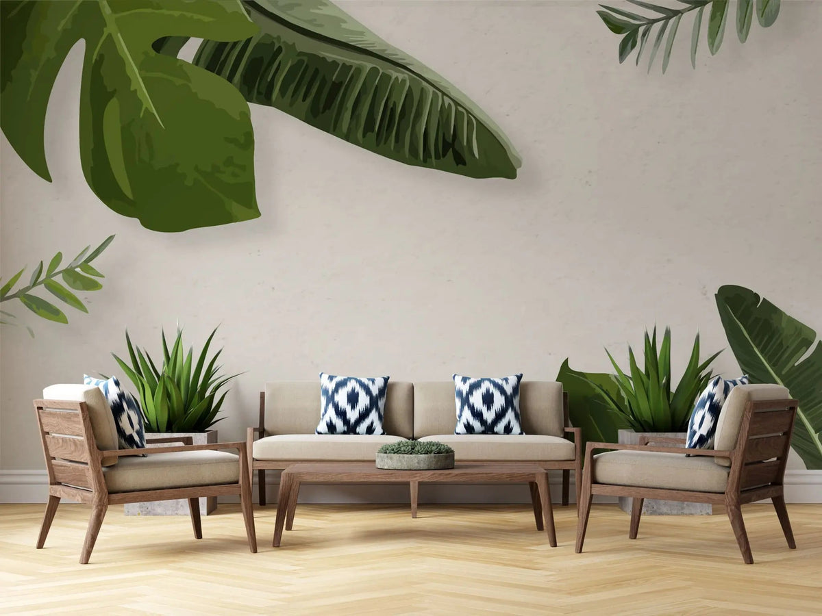 Tapet personalizat leaf cu frunze tropicale verzi in stil digital artwork pe fundal granulat bej painted tropical leaves