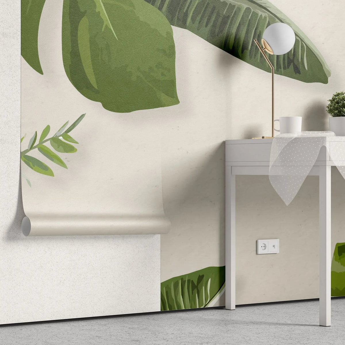 Tapet personalizat leaf cu frunze tropicale verzi in stil digital artwork pe fundal granulat bej painted tropical leaves