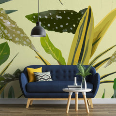 Tapet personalizat leaf cu frunze de begonie alocasia snake plant si zz plant in tonuri de galben verzui yellow tinted