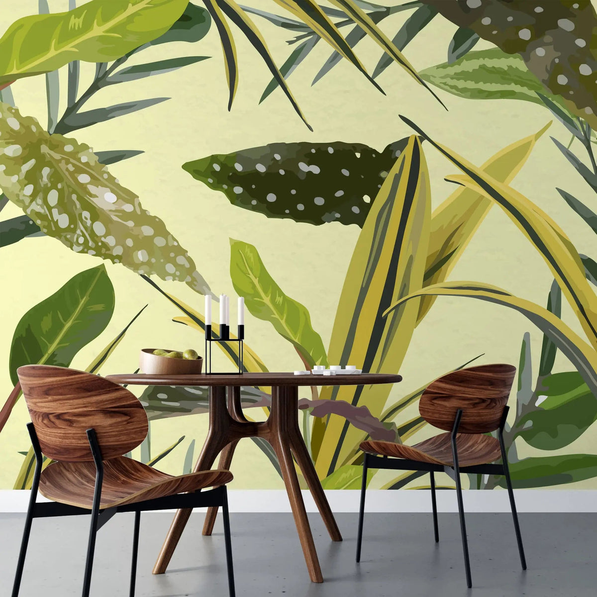 Tapet personalizat leaf cu frunze de begonie alocasia snake plant si zz plant in tonuri de galben verzui yellow tinted
