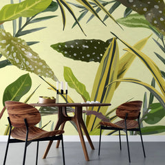 Tapet personalizat leaf cu frunze de begonie alocasia snake plant si zz plant in tonuri de galben verzui yellow tinted