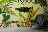 Tapet personalizat leaf cu frunze de begonie alocasia snake plant si zz plant in tonuri de galben verzui yellow tinted