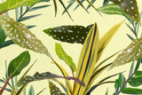 Tapet personalizat leaf cu frunze de begonie alocasia snake plant si zz plant in tonuri de galben verzui yellow tinted