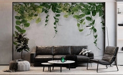 Tapet personalizat leaf cu frunze de iedera salbatica pe un perete alb texturat devil's ivy
