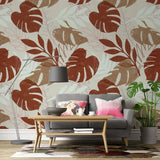 Tapet personalizat leaf cu frunze de monstera in tonuri maronii earthy monstera