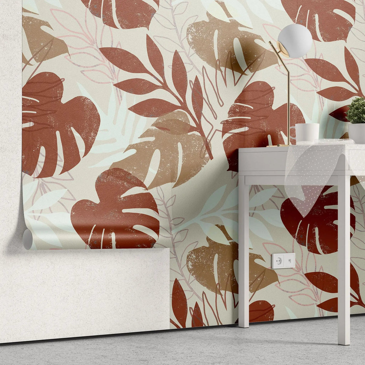 Tapet personalizat leaf cu frunze de monstera in tonuri maronii earthy monstera